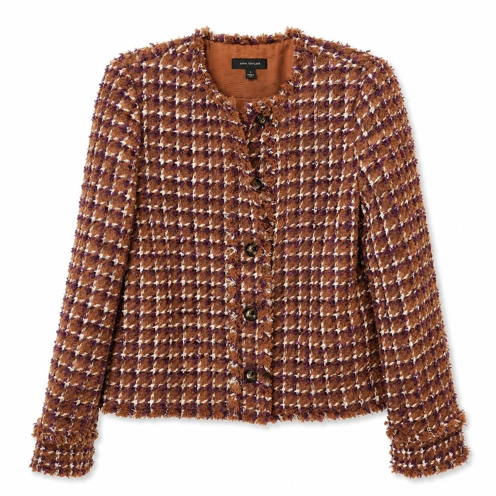 Ann Taylor Tweed Jacket Women 8 Brown NWT Fringe Plaid Button Front Blazer Coat